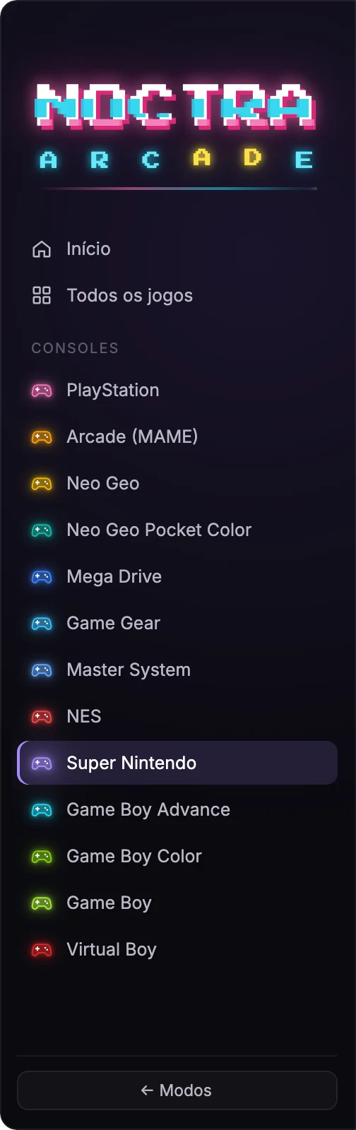 Noctra Arcade: lista de consoles