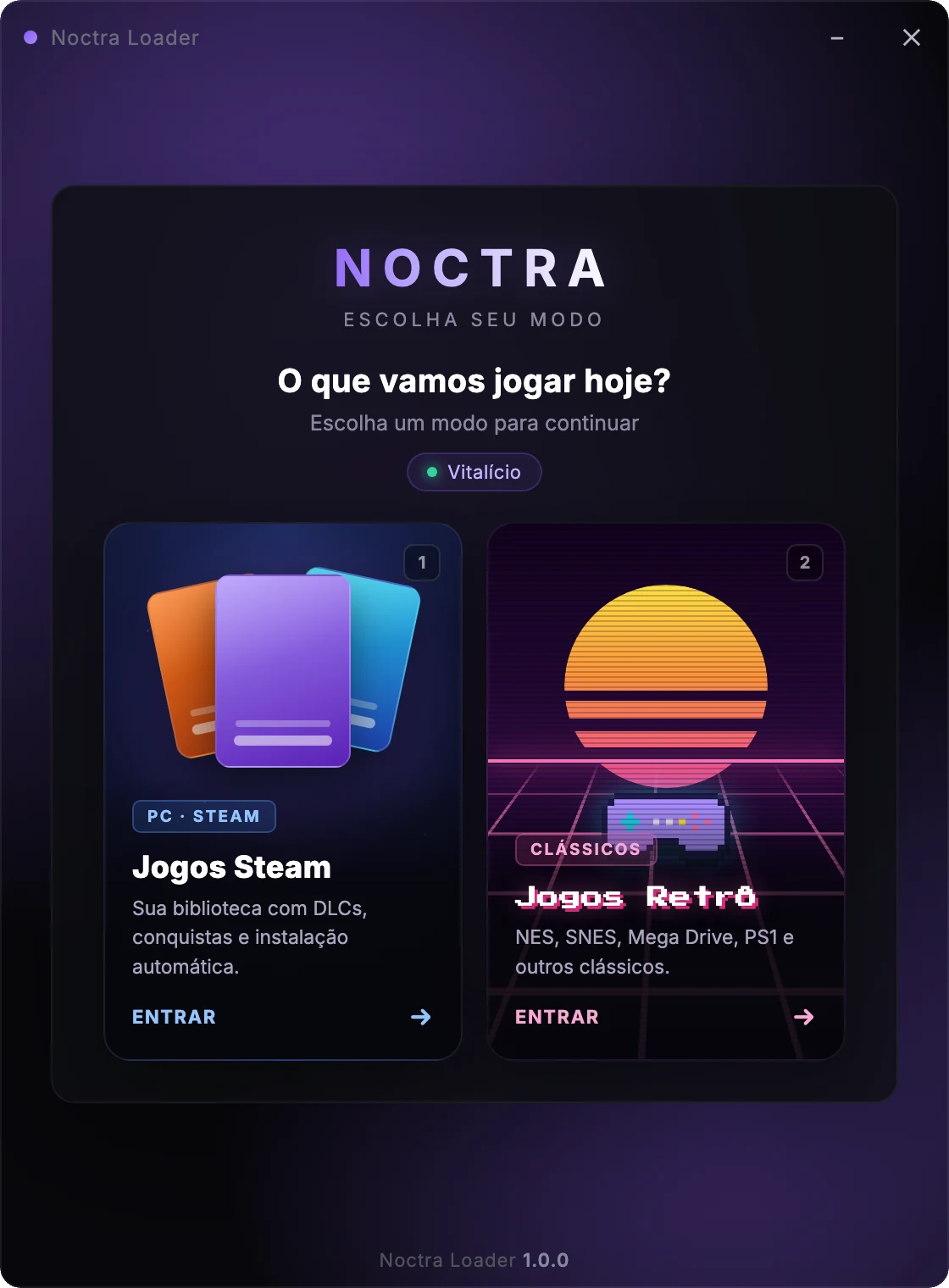 Noctra Loader: escolha entre Jogos Steam e Jogos Retrô